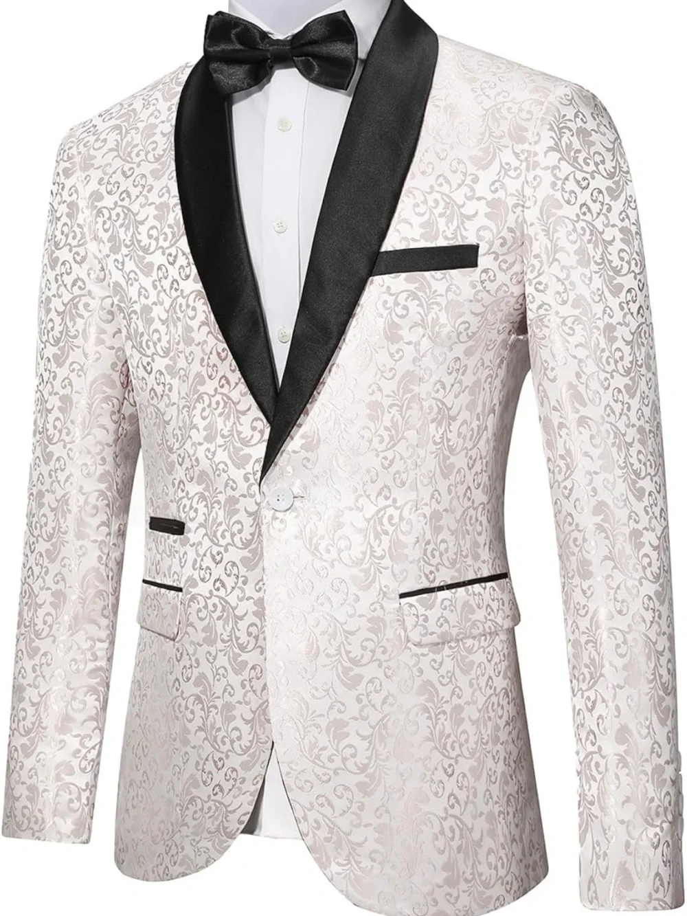 Men's Cream Floral Jacquard Tuxedo Blazer with Black Satin Shawl Lapel